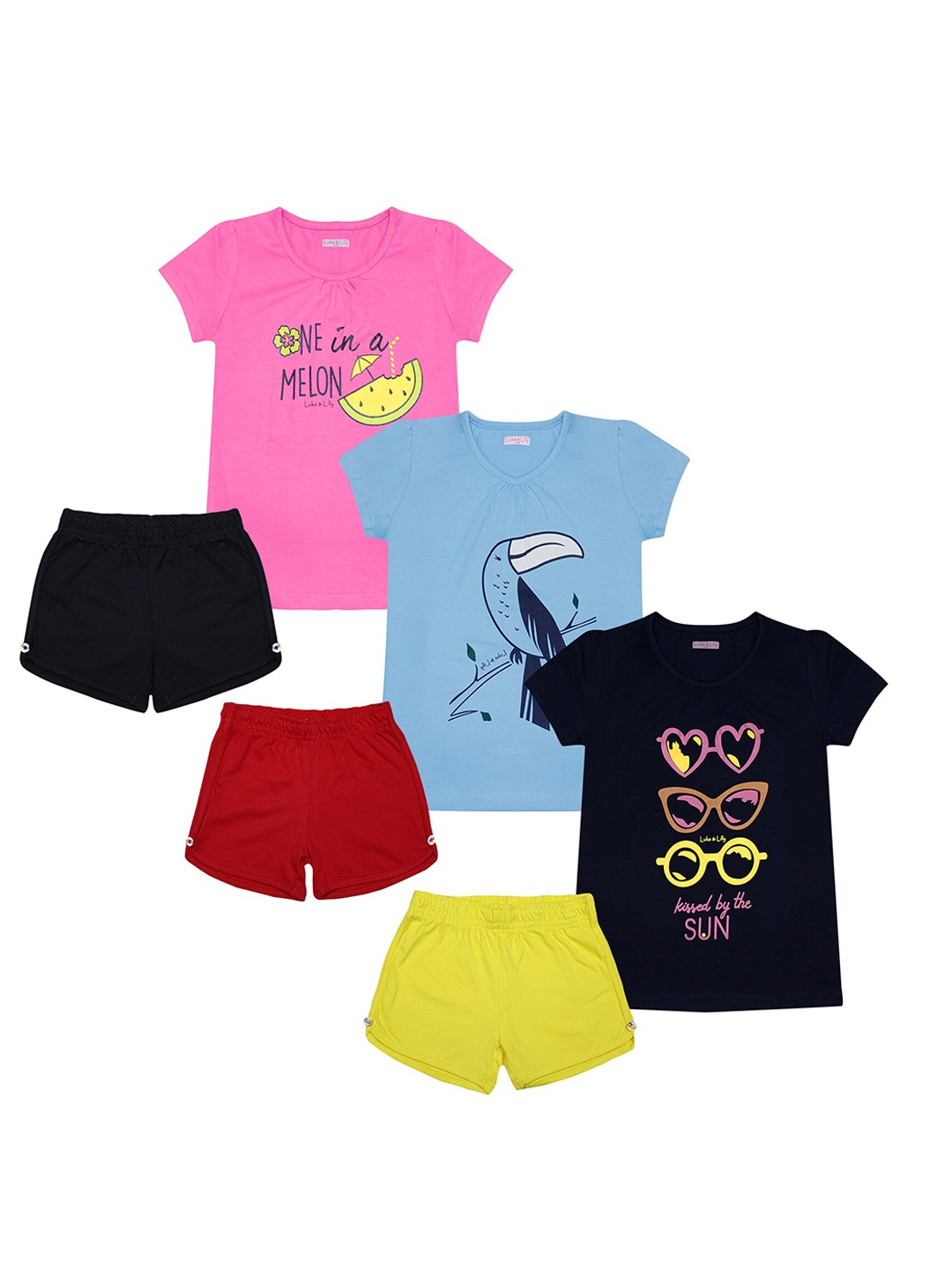 

Luke & Lilly Girls Set Of 3 Navy Blue & Pink Printed T-shirt with Shorts
