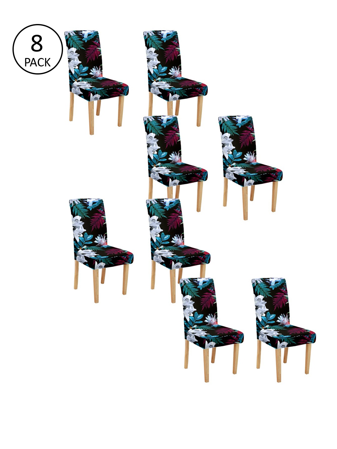 Cortina Set Of 8 Black & Blue Printed Chair Covers