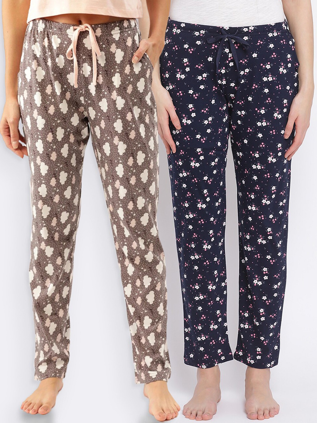 

Kanvin Women Pack Of 2 Printed Pure Cotton Lounge Pants, Navy blue