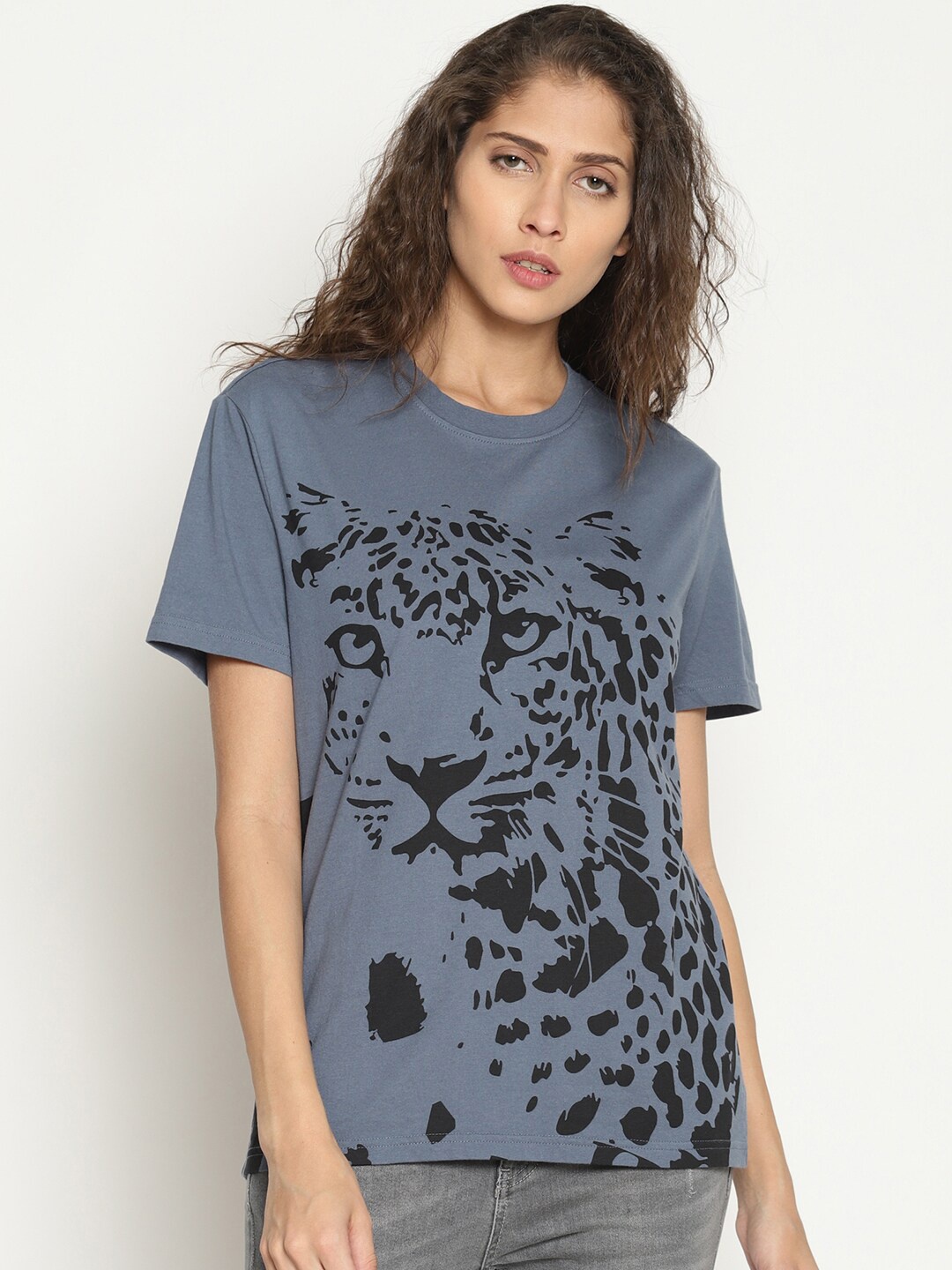

Wolfpack Women Grey Pure Cotton Printed Round Neck Pure Cotton T-shirt