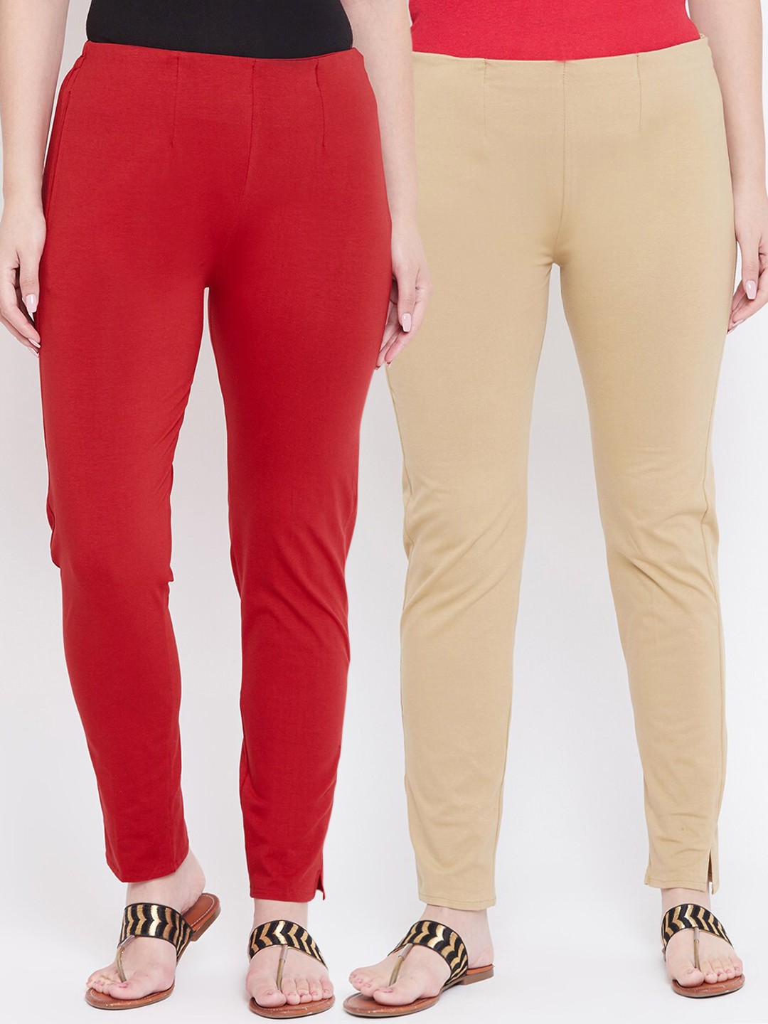 

Castle Pack of 2 Women Red & Beige Regular Fit Solid Regular Ankle Length Cotton Trousers
