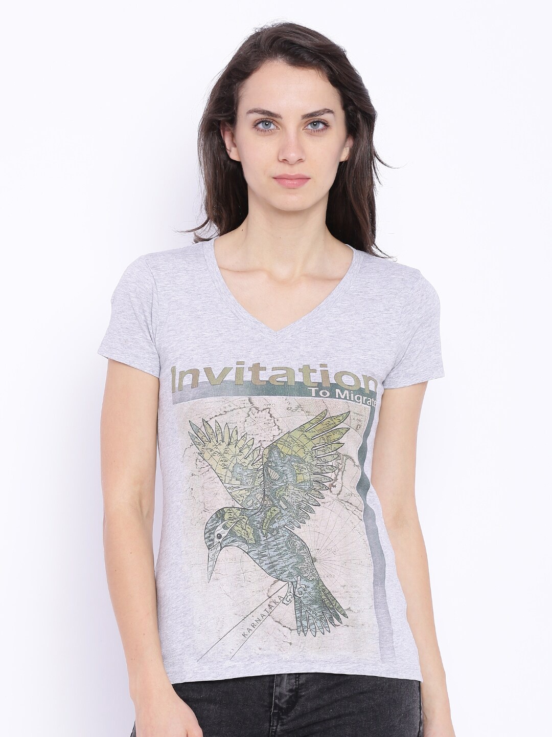 

Wolfpack Women Grey Printed V-Neck Cotton Pure Cotton T-shirt