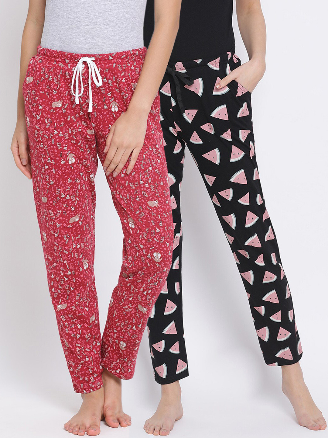 

Kanvin Women Pack of 2 Printed Pure Cotton Lounge Pants, Black