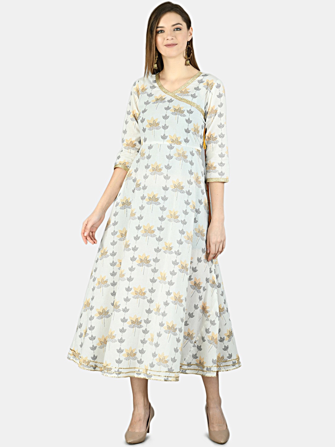 

Myshka Women Off-White & Brown Printed Cotton Fit and Flare Dress