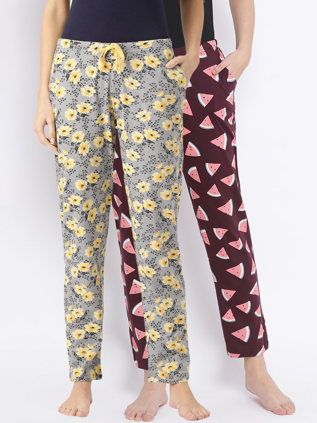 

Kanvin Women Pack of 2 Printed Pure Cotton Lounge Pants, Burgundy