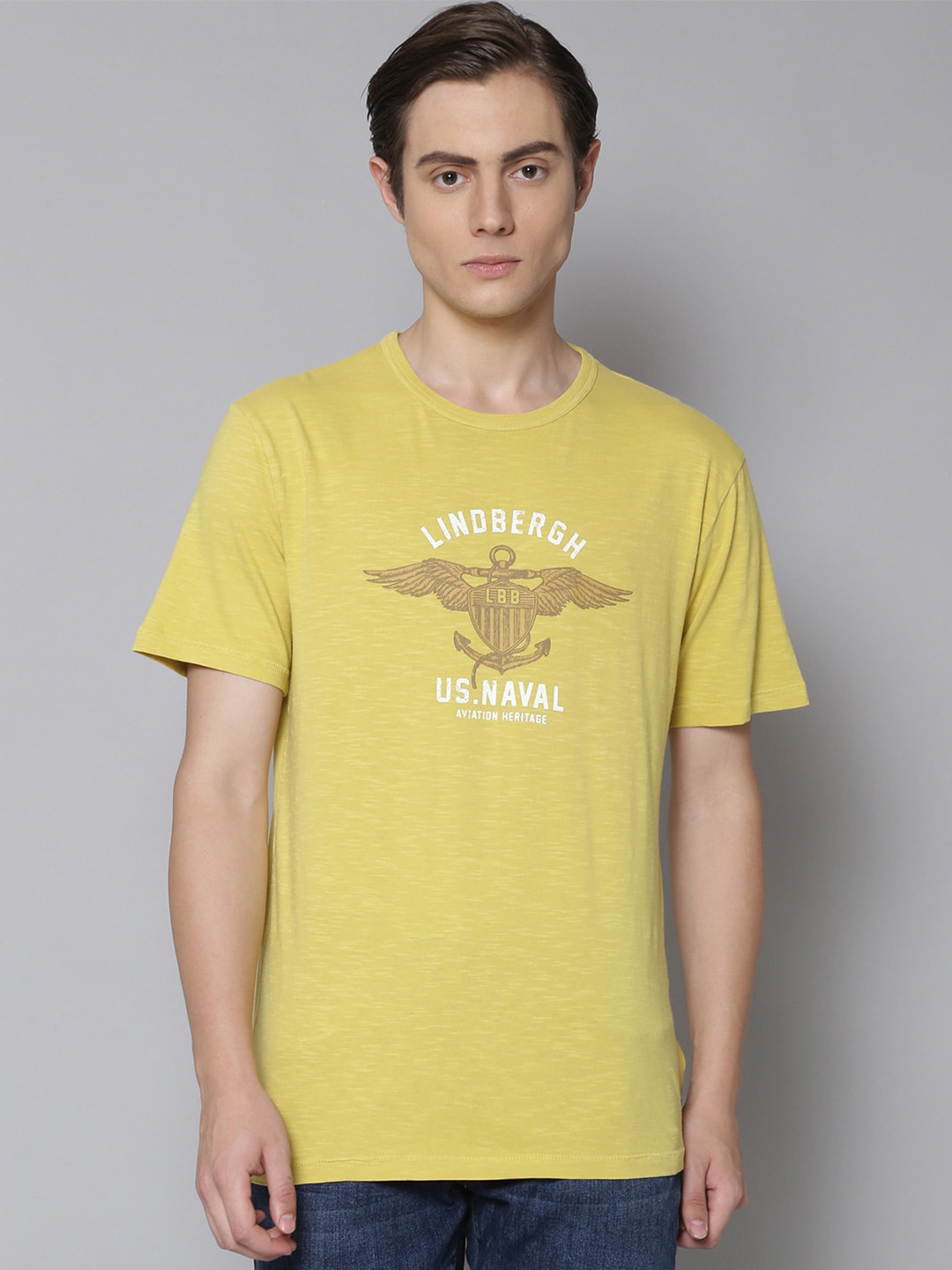 

LINDBERGH Men Yellow Printed Round Neck Pure Cotton T-shirt