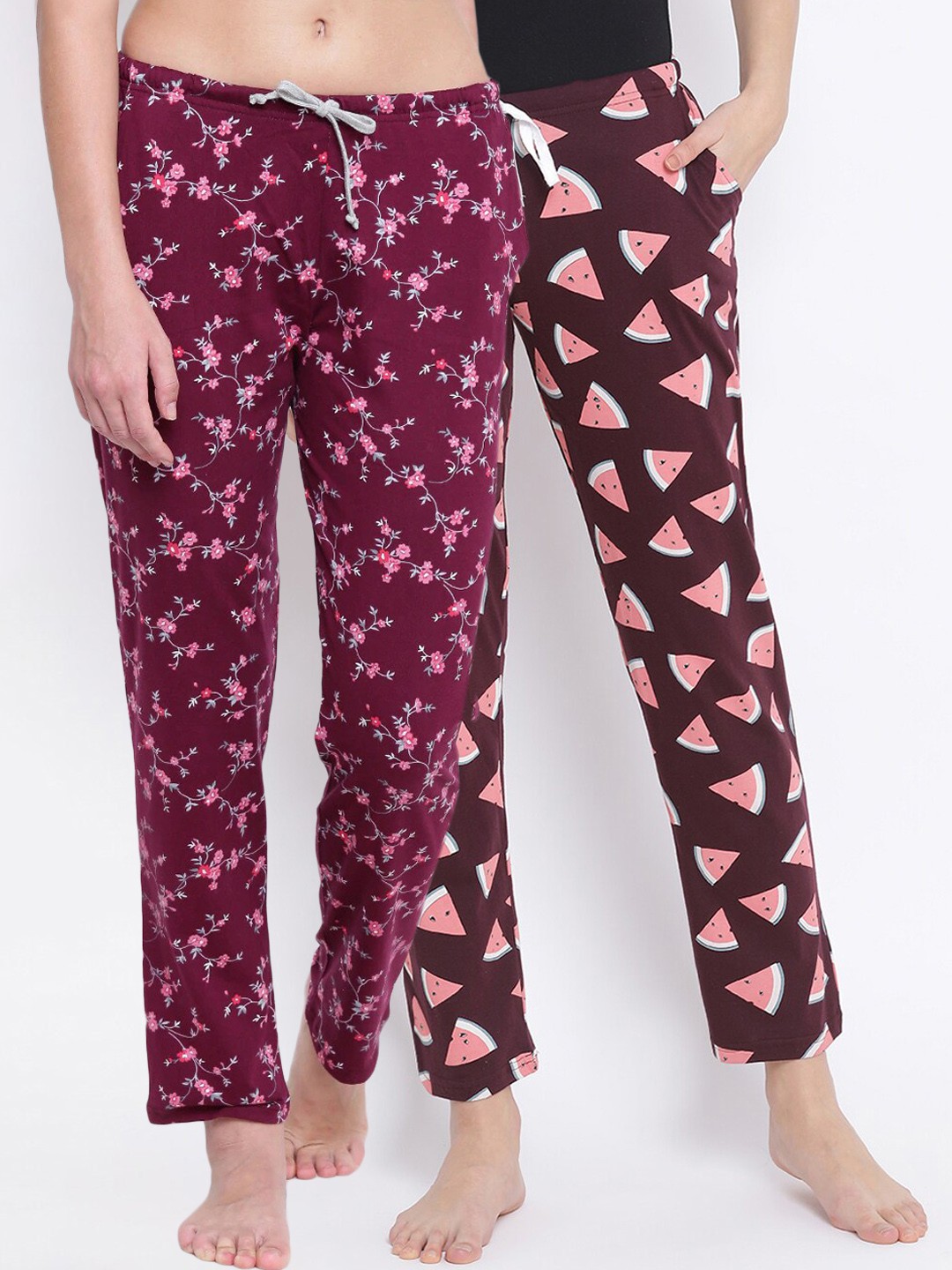 

Kanvin Women Pack of 2 Printed Pure Cotton Lounge Pants, Burgundy