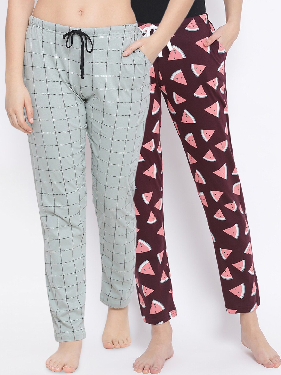 

Kanvin Women Pack Of 2 Printed Pure Cotton Lounge Pants, Brown
