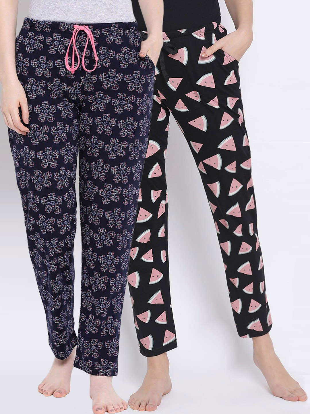 

Kanvin Women Pack of 2 Printed Pure Cotton Lounge Pants, Black
