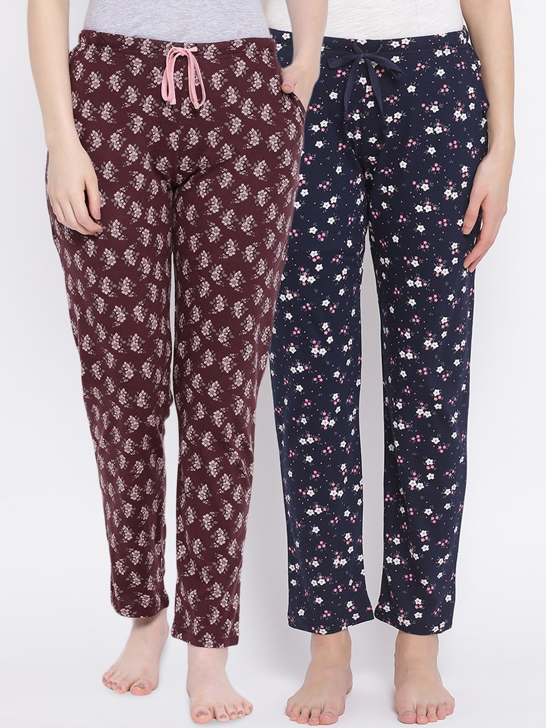 

Kanvin Women Pack of 2 Floral Print Pure Cotton Lounge Pants, Navy blue