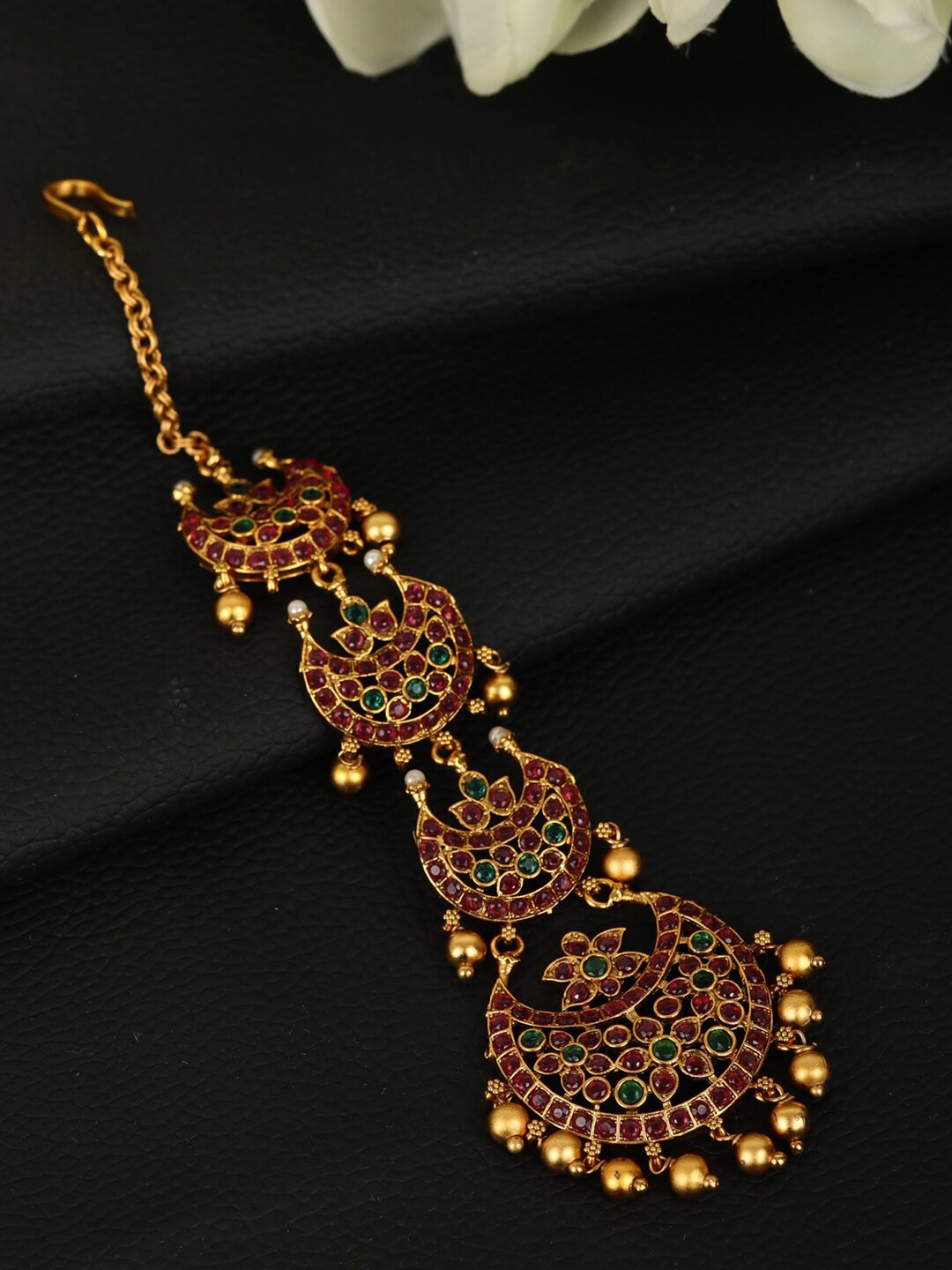 

Priyaasi Pink & Green Gold-Plated Stone-Studded Beaded Handcrafted Maang Tikka