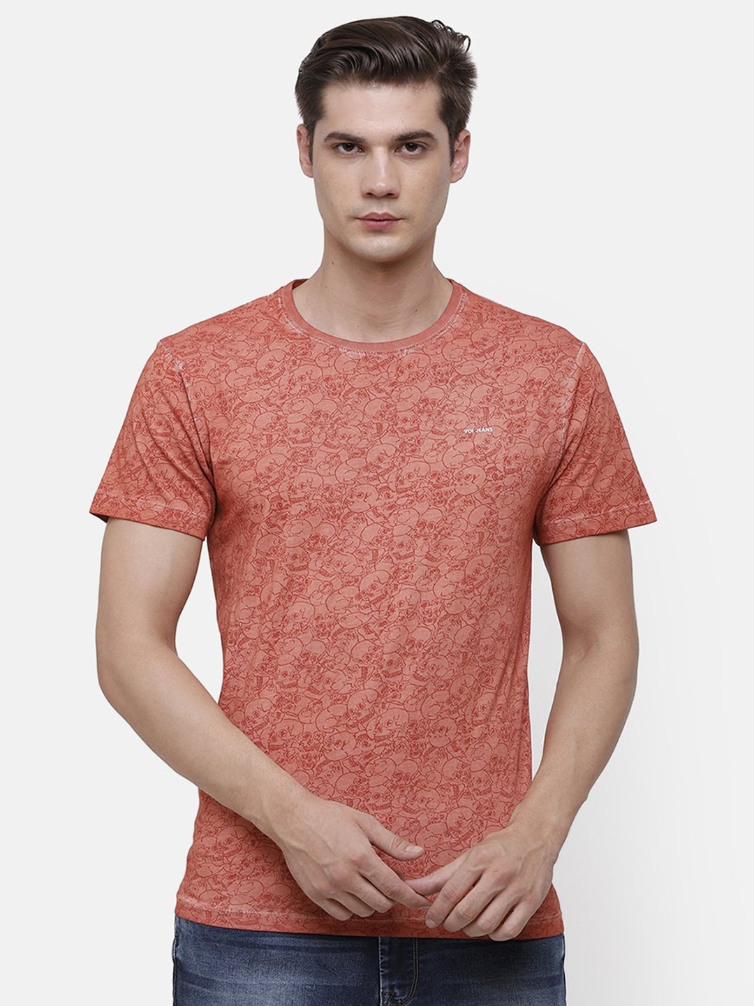

Voi Jeans Men Orange Printed Round Neck Pure Cotton T-shirt