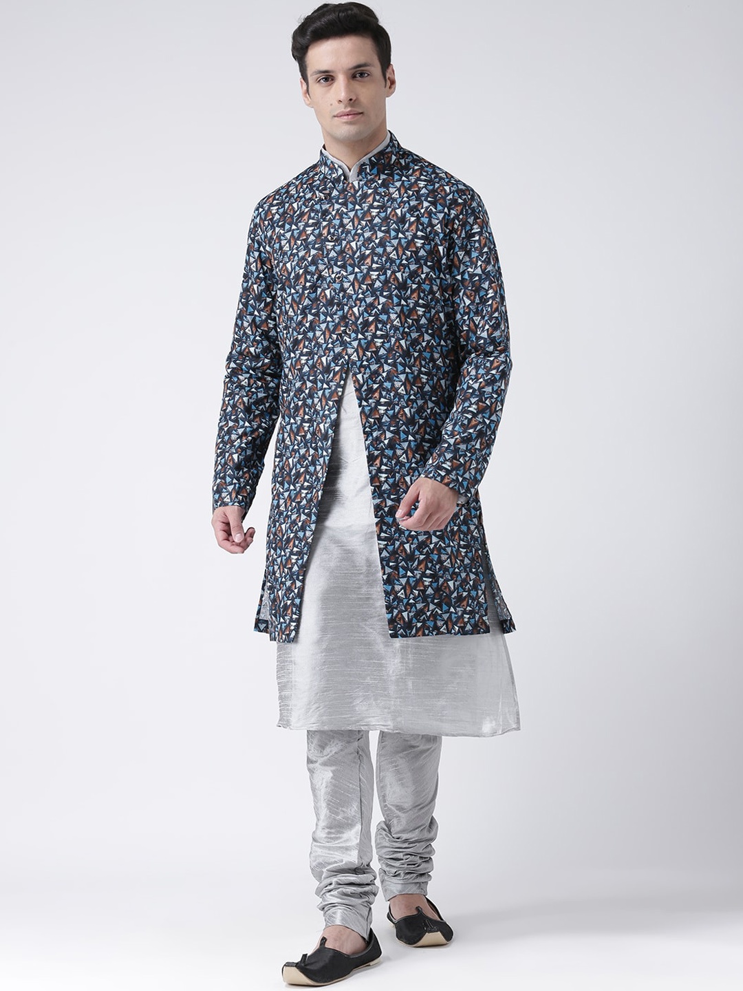 

DEYANN Men Orange & Silver Printed Sherwani Set, Navy blue