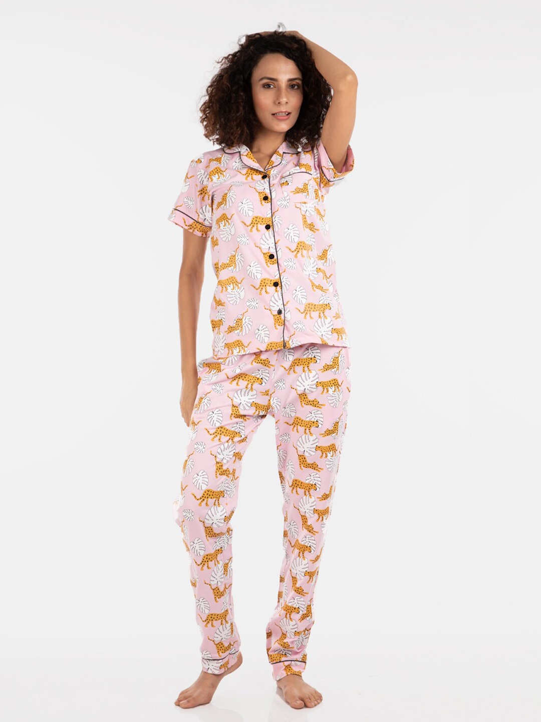 Nite Flite Women Pink & White Printed Cotton Night Suit