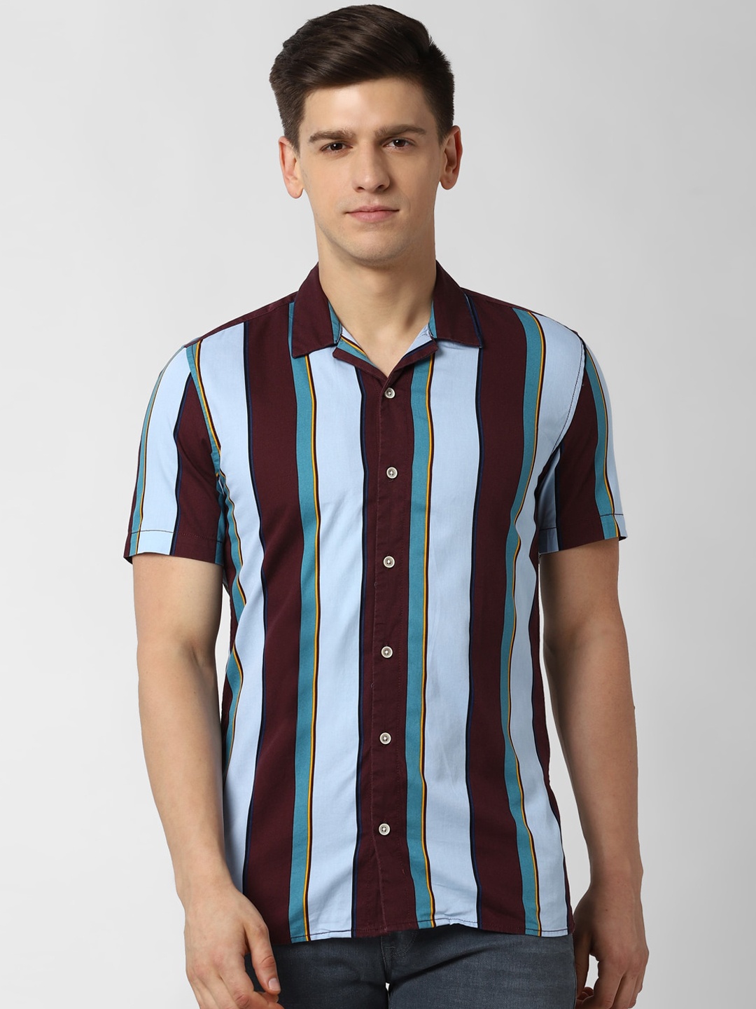 

Peter England Casuals Men Maroon & Blue Slim Fit Striped Casual Shirt
