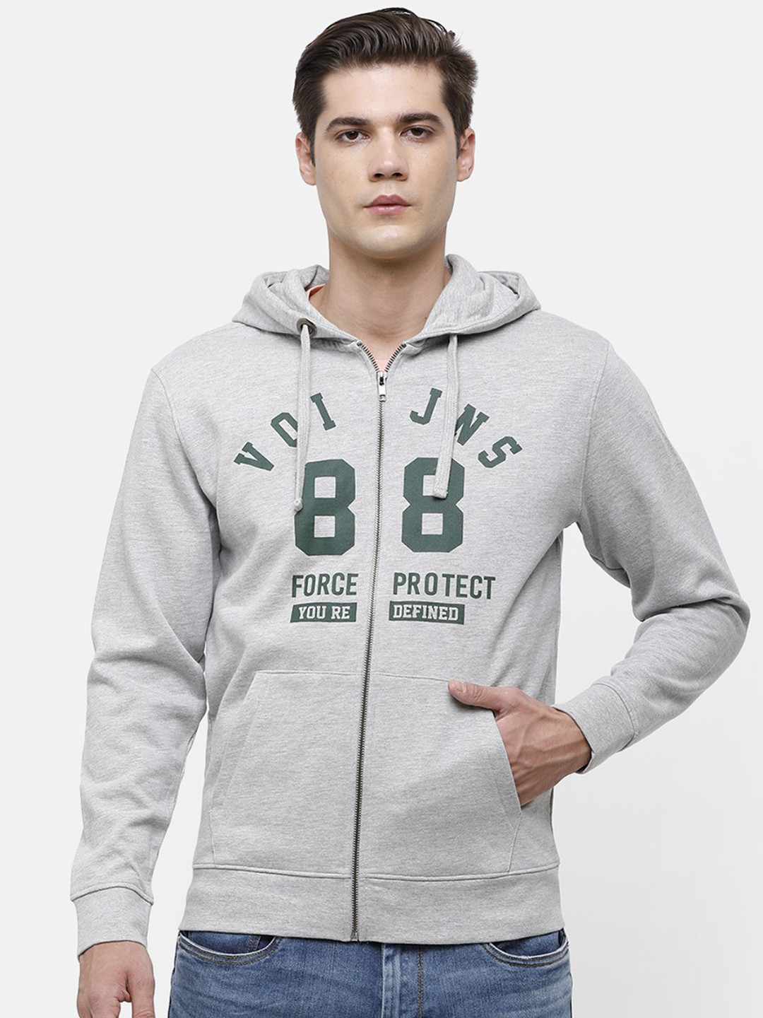 

Voi Jeans Men Grey Printed Hooded Sweatshirt