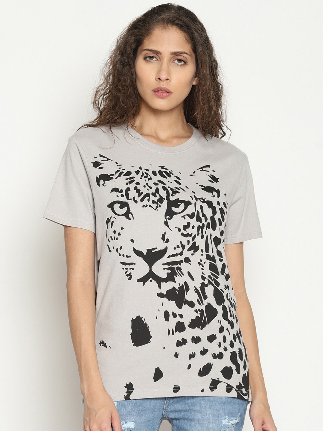 

Wolfpack Women Grey Pure Cotton Printed Round Neck Pure Cotton T-shirt