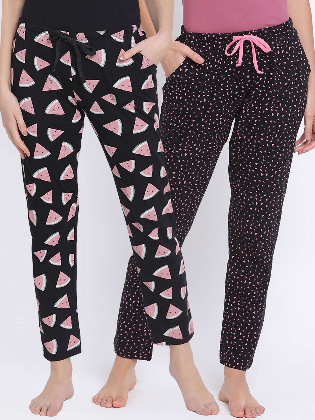 

Kanvin Women Pack of 2 Black & Pink Printed Pure Cotton Lounge Pants