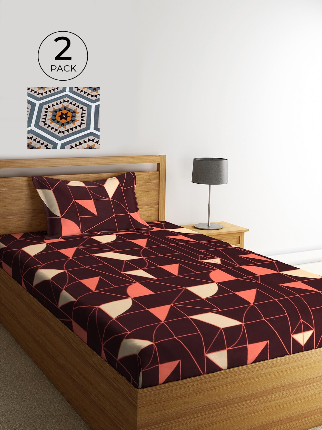 

KLOTTHE Multi Geometric 210 TC Cotton 2 Single Bedsheet with 2 Pillow Covers, Grey
