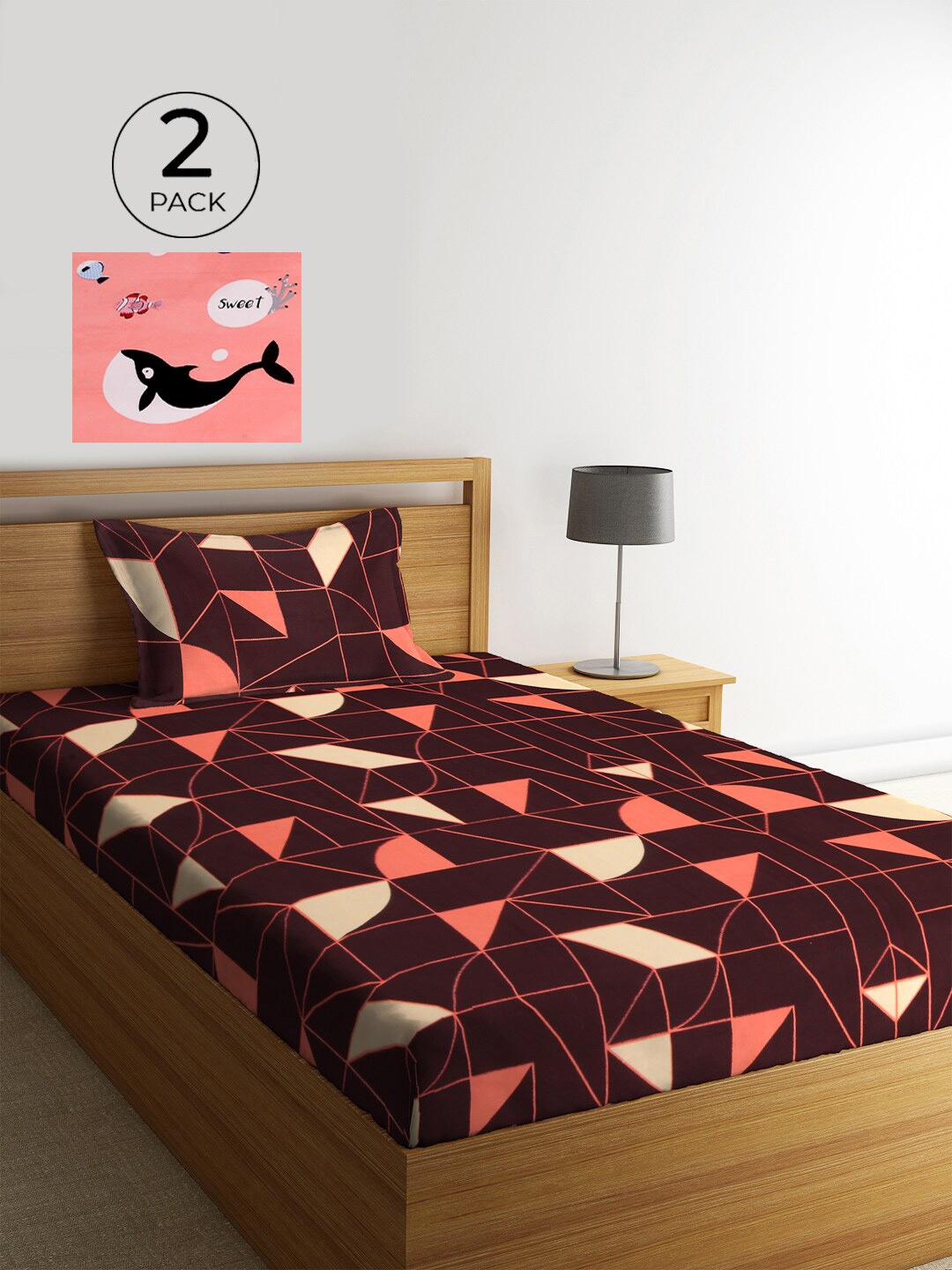 

KLOTTHE Maroon & Peach-Coloured Geometric 210 TC Polycotton 2 Single Bedsheet with 2 Pillow Covers