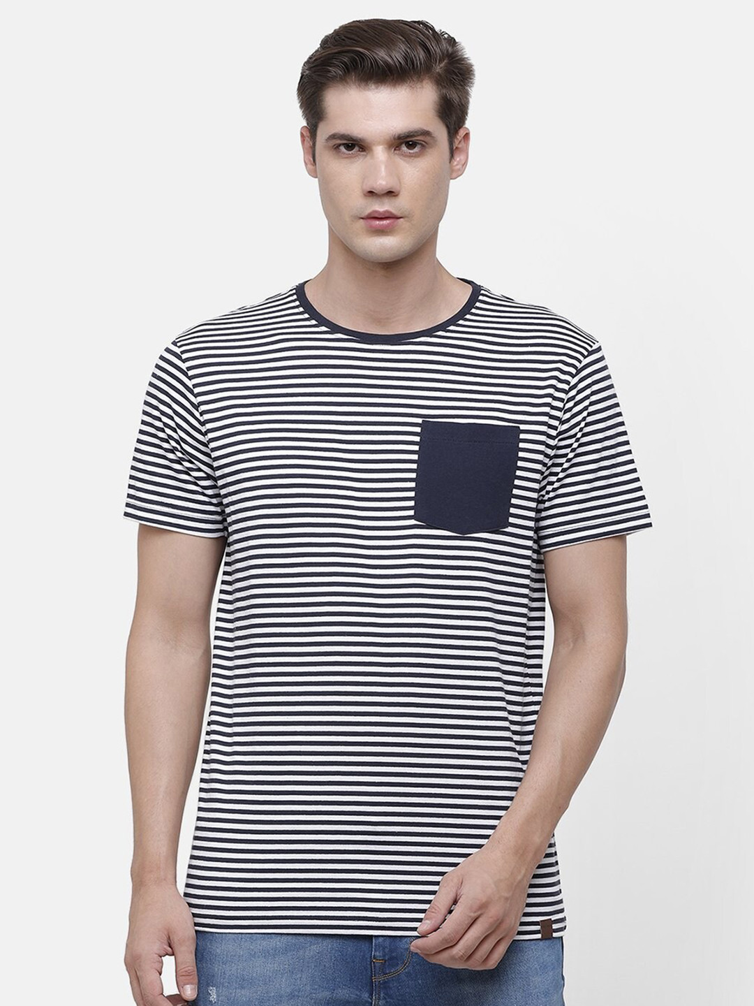 

Voi Jeans Men Navy Blue White Striped Round Neck Pure Cotton T-shirt