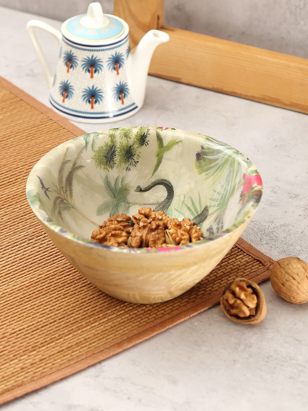 

India Circus by Krsnaa Mehta Cream-Coloured & Green Wooden Bowl