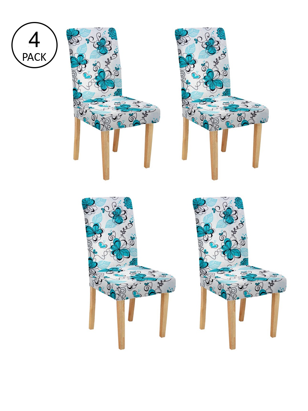 Cortina Set Of 4 White & Blue Printed Chair Covers