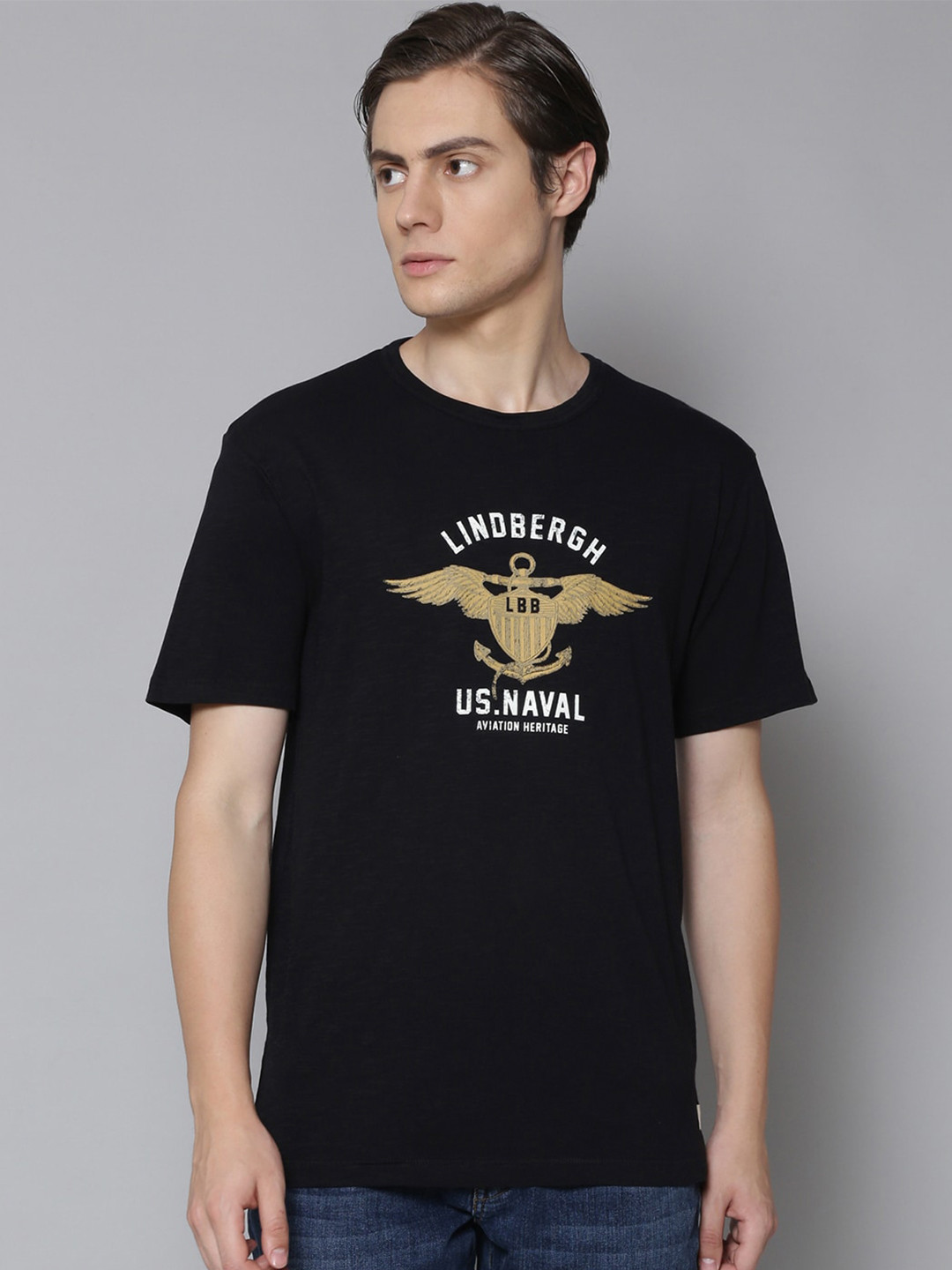 

LINDBERGH Men Black Printed Round Neck Pure Cotton T-shirt