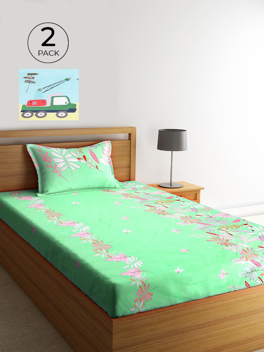 

KLOTTHE Multi Floral 210 TC Cotton 2 Single Bedsheet with 2 Pillow Covers, Green