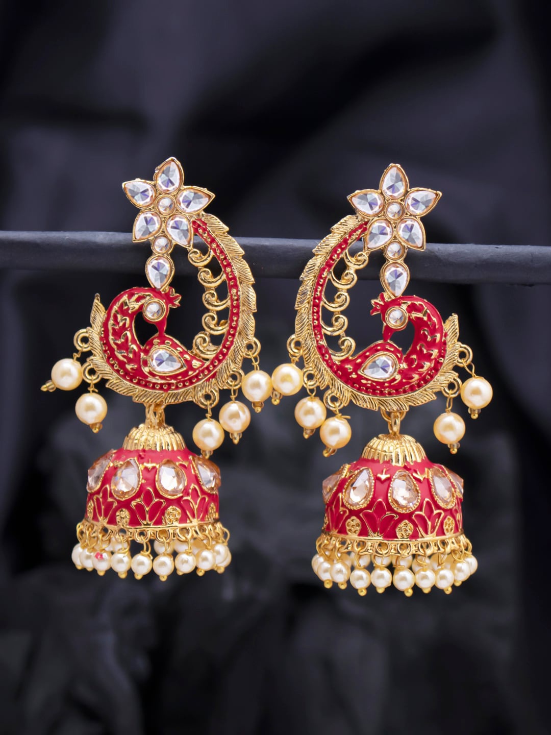 

Sukkhi Gold-Toned & Pink Peacock Shaped Jhumkas