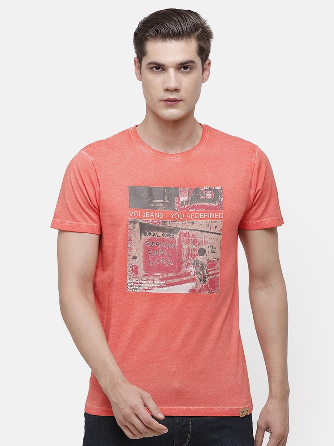 

Voi Jeans Men Coral Orange Printed Round Neck Pure Cotton T-shirt