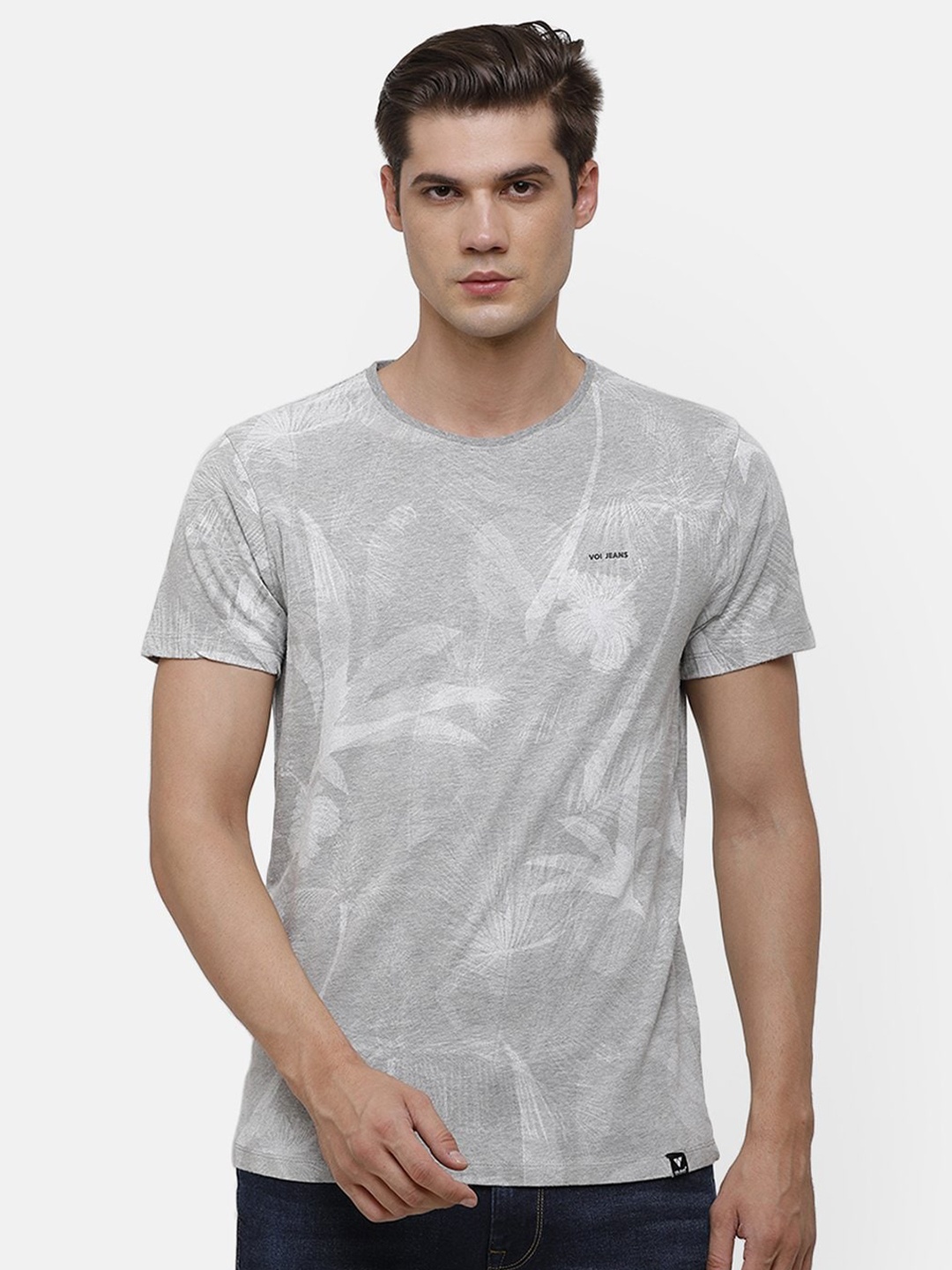 

Voi Jeans Men Grey White Printed Round Neck Pure Cotton T-shirt