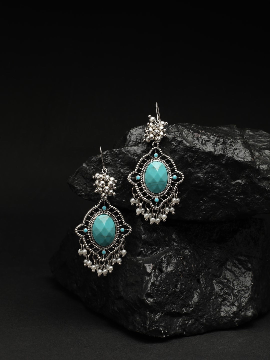 

Accessorize London Turquoise Blue Silver-Plated Oval Oxidized Ethnic Drop Earrings