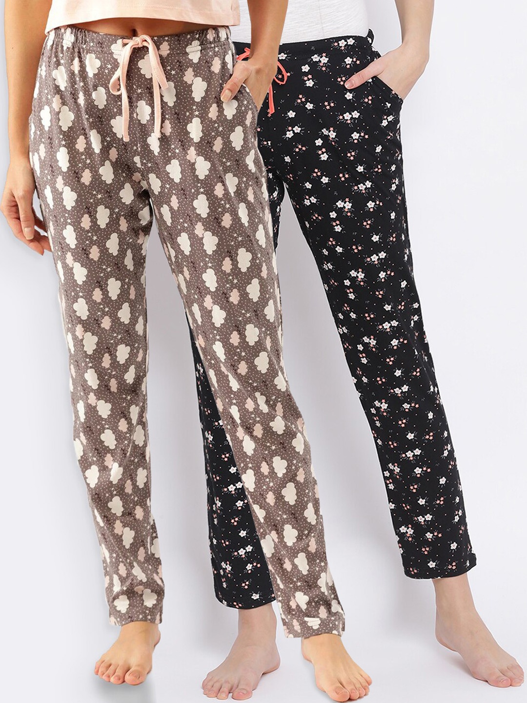 

Kanvin Women Pack of 2 Printed Pure Cotton Lounge Pants, Black