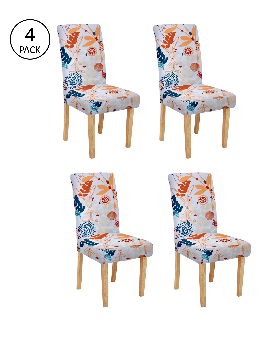 Cortina Set Of 4 White & Blue Printed Chair Covers