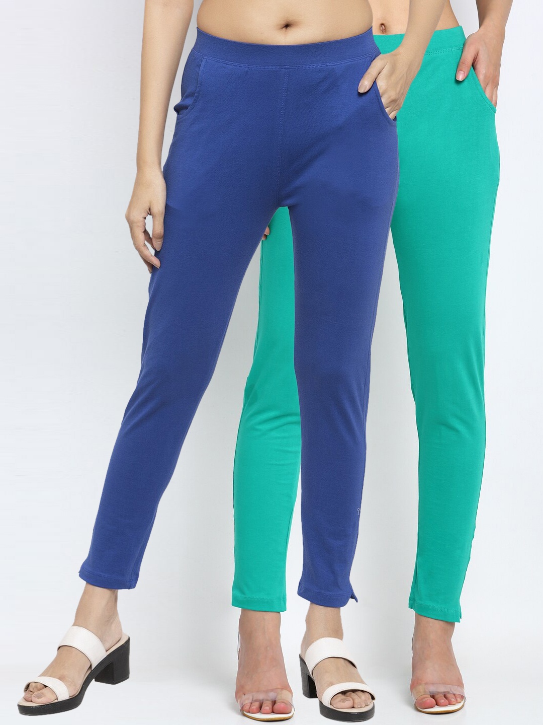 

NEUDIS Women Pack Of 2 Solid Ankle-Length Leggings, Sea green