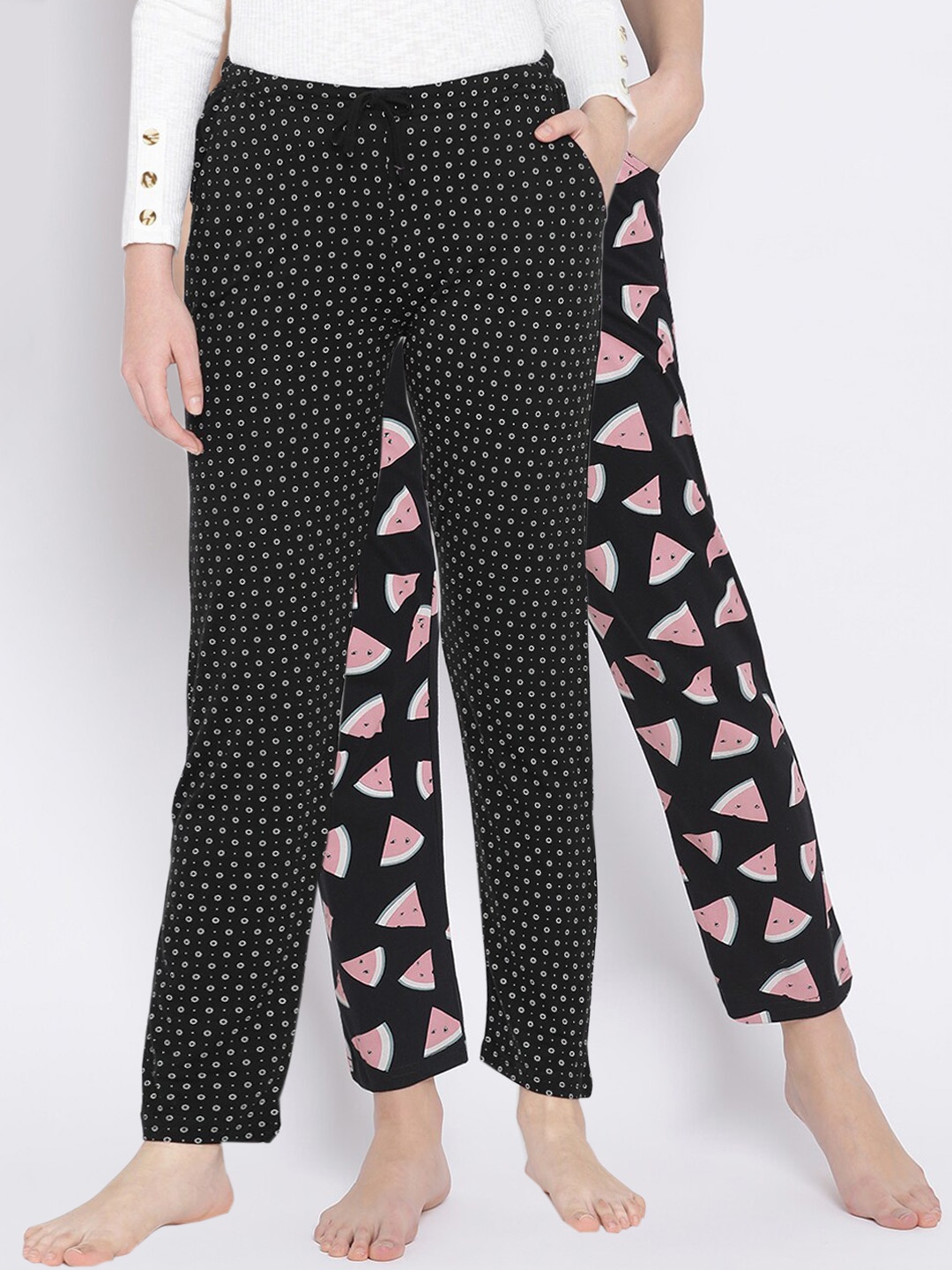 

Kanvin Women Pack of 2 Printed Pure Cotton Lounge Pants, Black