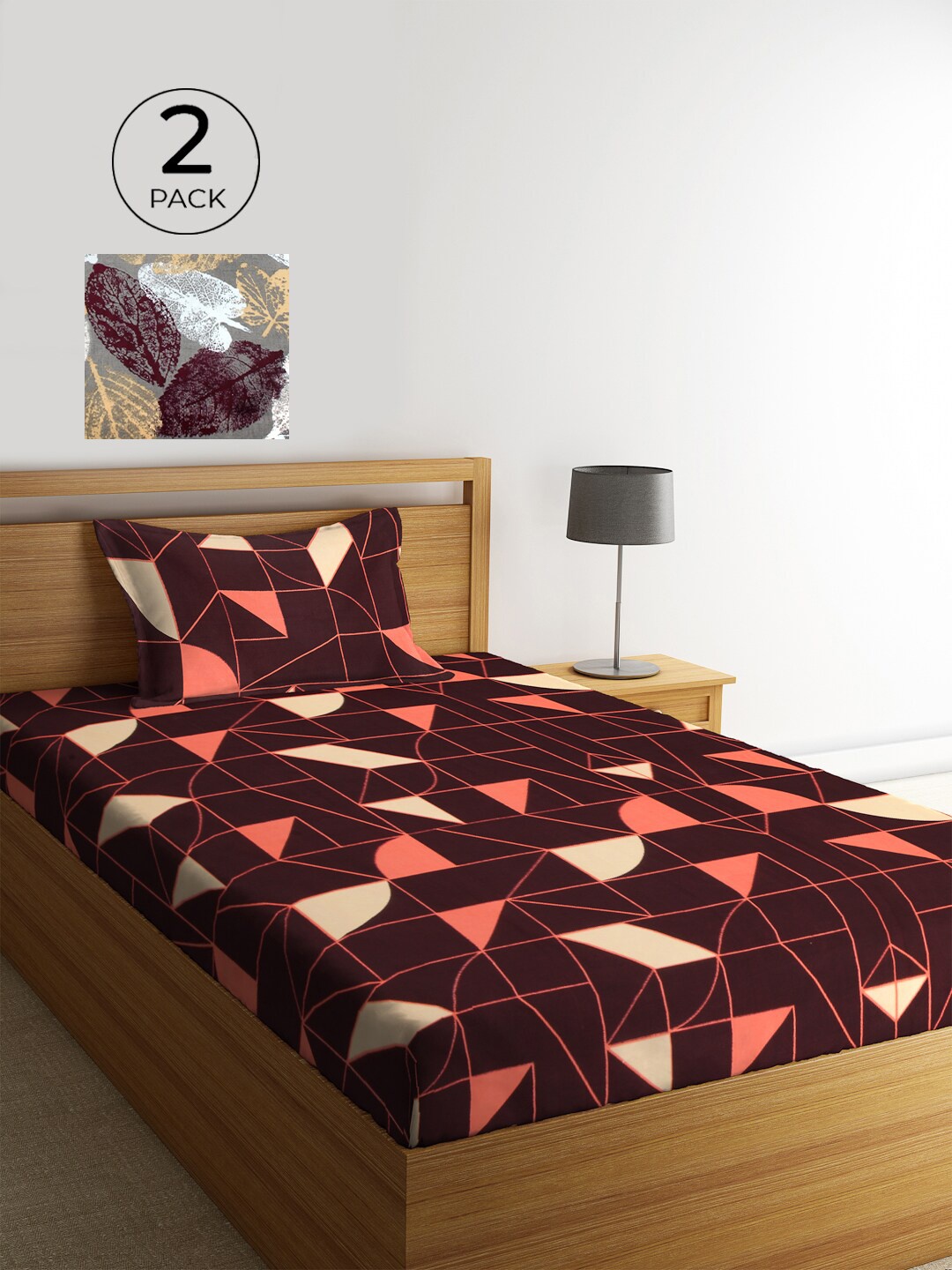 

KLOTTHE Maroon & Grey Geometric 210 TC Polycotton 2 Single Bedsheet with 2 Pillow Covers
