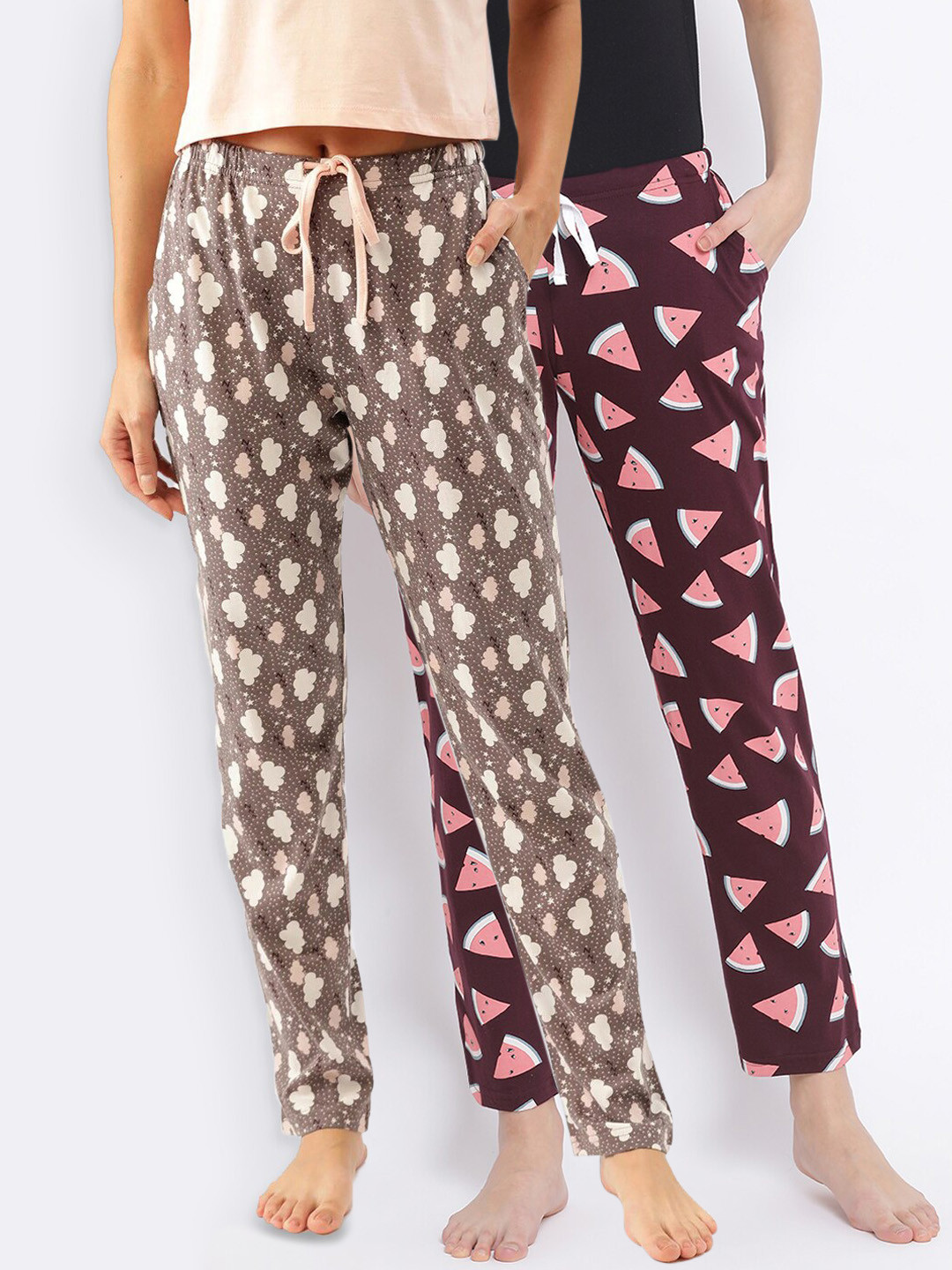 

Kanvin Women Pack of 2 Printed Pure Cotton Lounge Pants, Burgundy