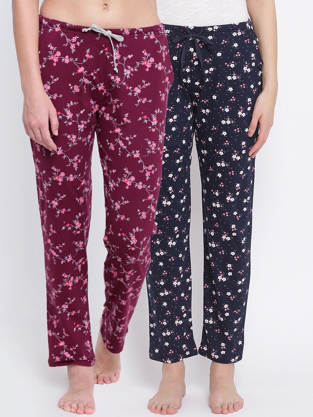 

Kanvin Women Pack Of 2 Floral Printed Pure Cotton Lounge Pants, Navy blue