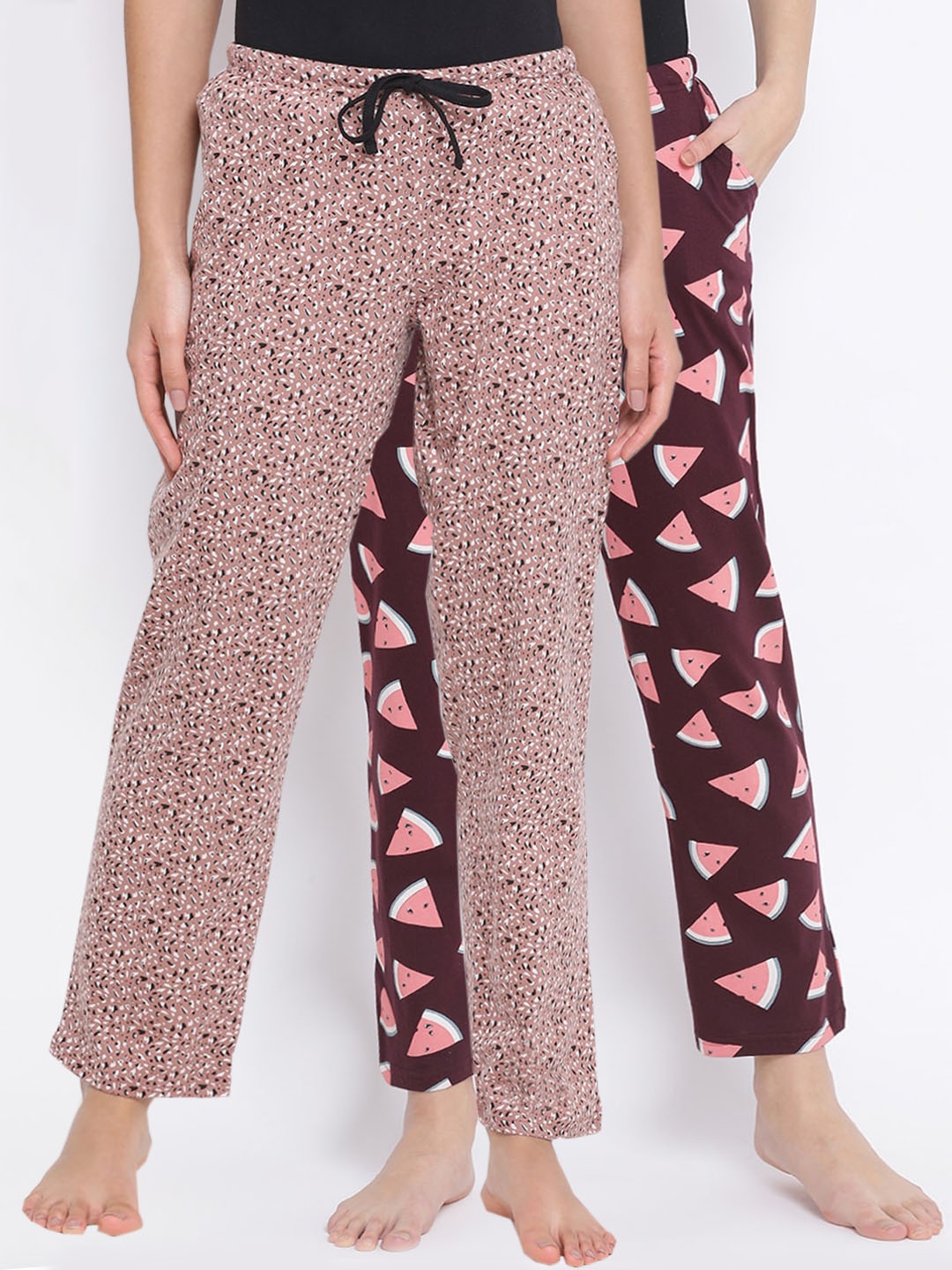 

Kanvin Women Pack of 2 Printed Pure Cotton Lounge Pants, Burgundy