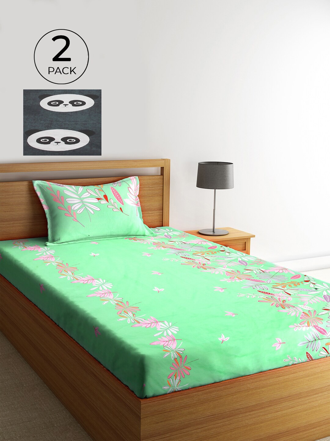 

KLOTTHE Green & Grey Floral 210 TC Polycotton 2 Single Bedsheet with 2 Pillow Covers