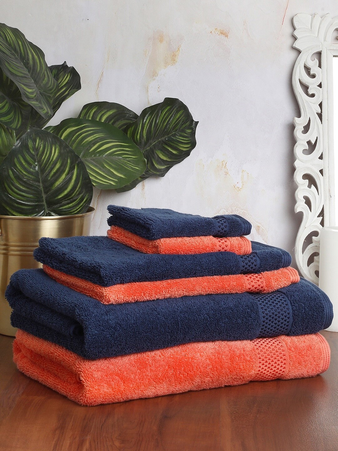 

SPACES Unisex Pack of 6 Navy Blue & Orange Solid Cotton 600 GSM Towels