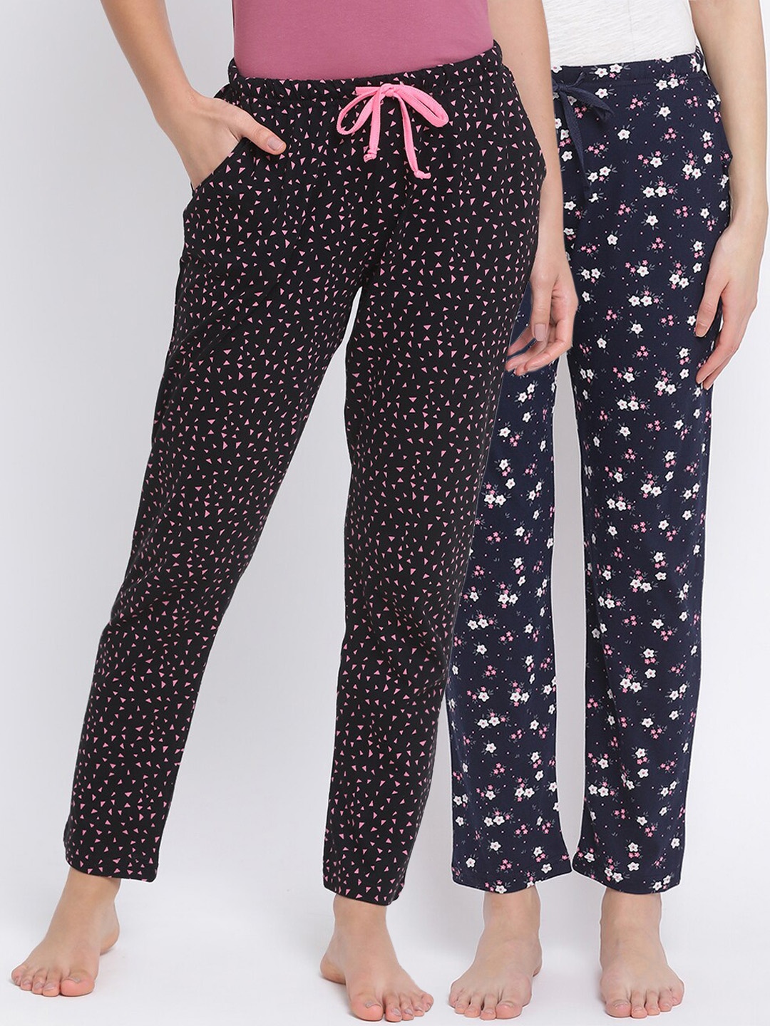 

Kanvin Women Pack of 2 Printed Pure Cotton Lounge Pants, Navy blue