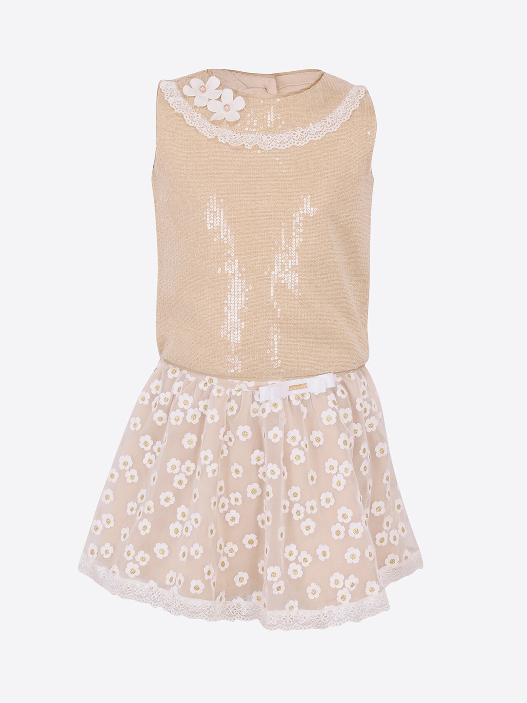 

CUTECUMBER Girls Beige & White Embellished Top with Skirt