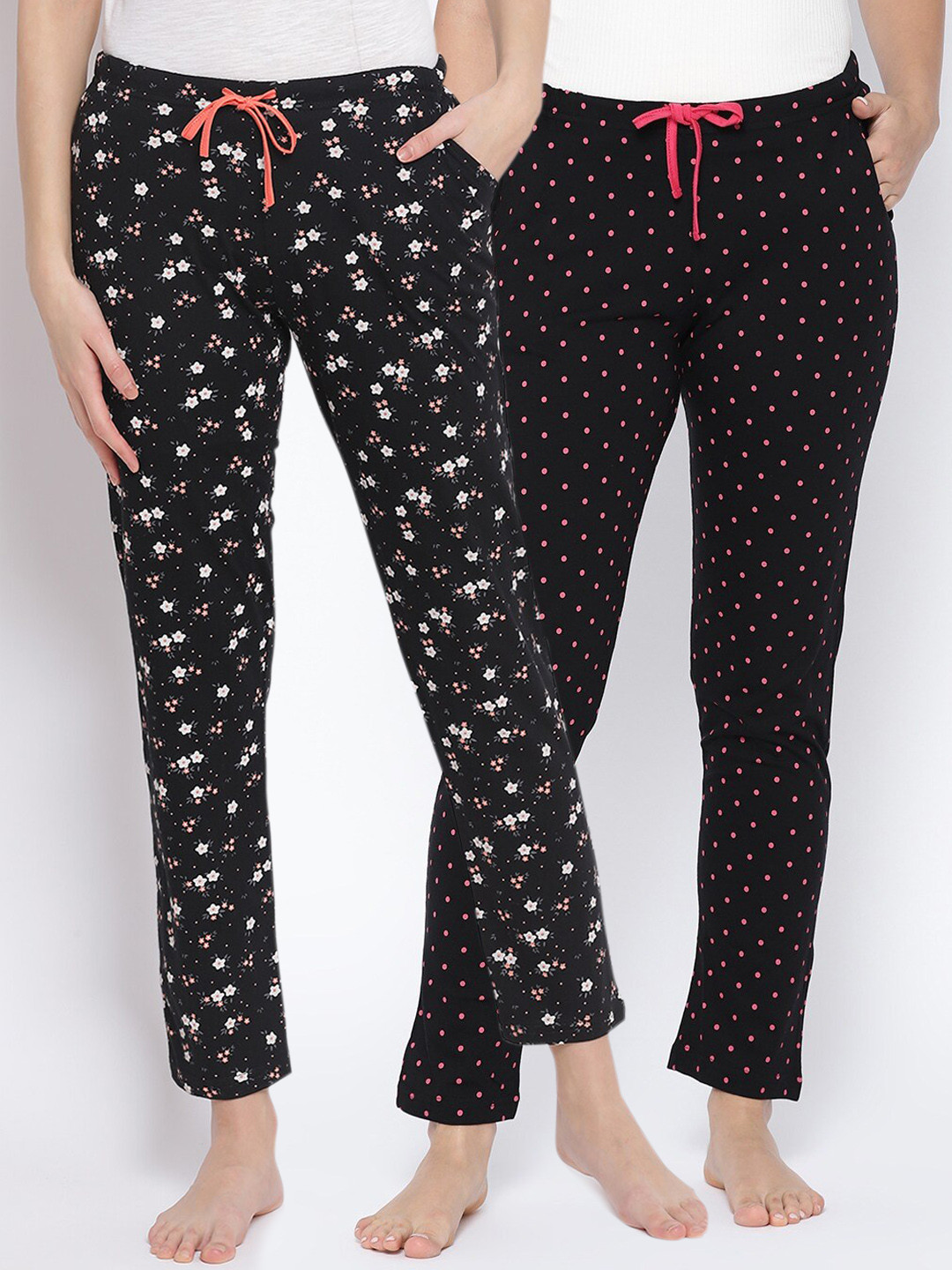 

Kanvin Women Pack of 2 Printed Pure Cotton Lounge Pants, Black