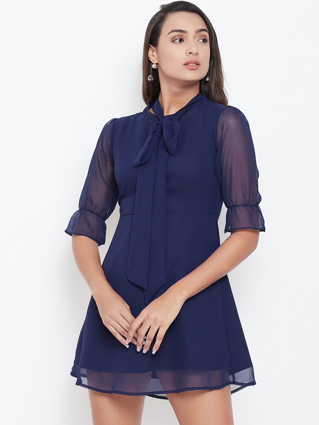 

Berrylush Navy Blue Tie-Up Neck Georgette Dress