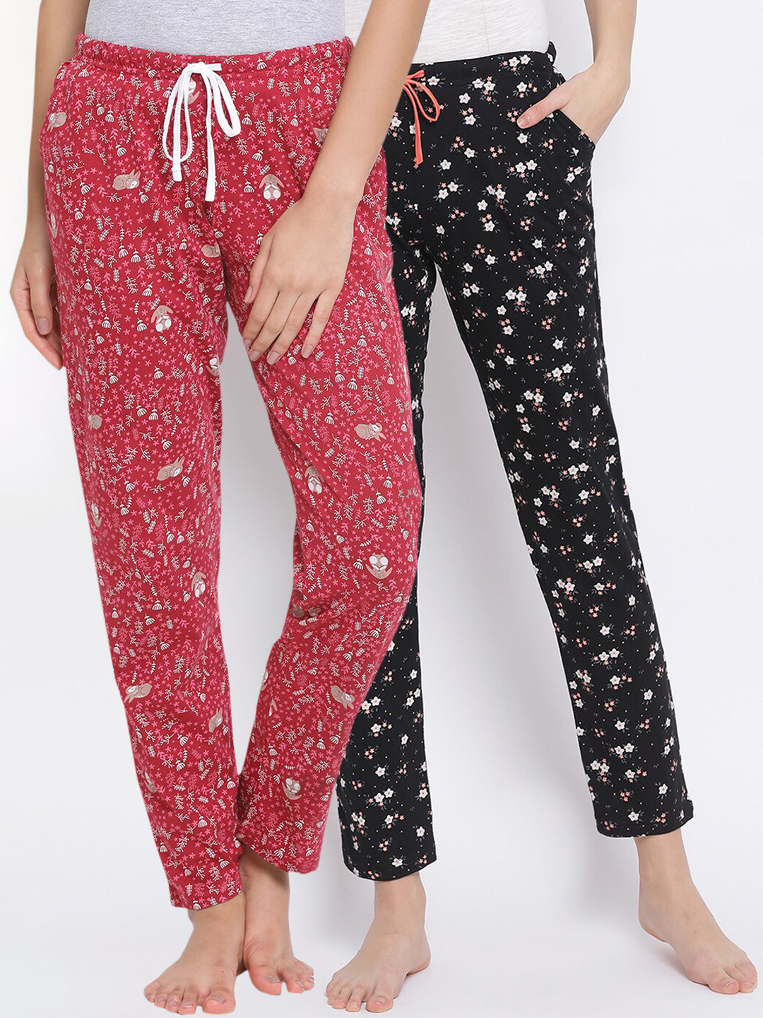 

Kanvin Women Pack of 2 Printed Pure Cotton Lounge Pants, Black