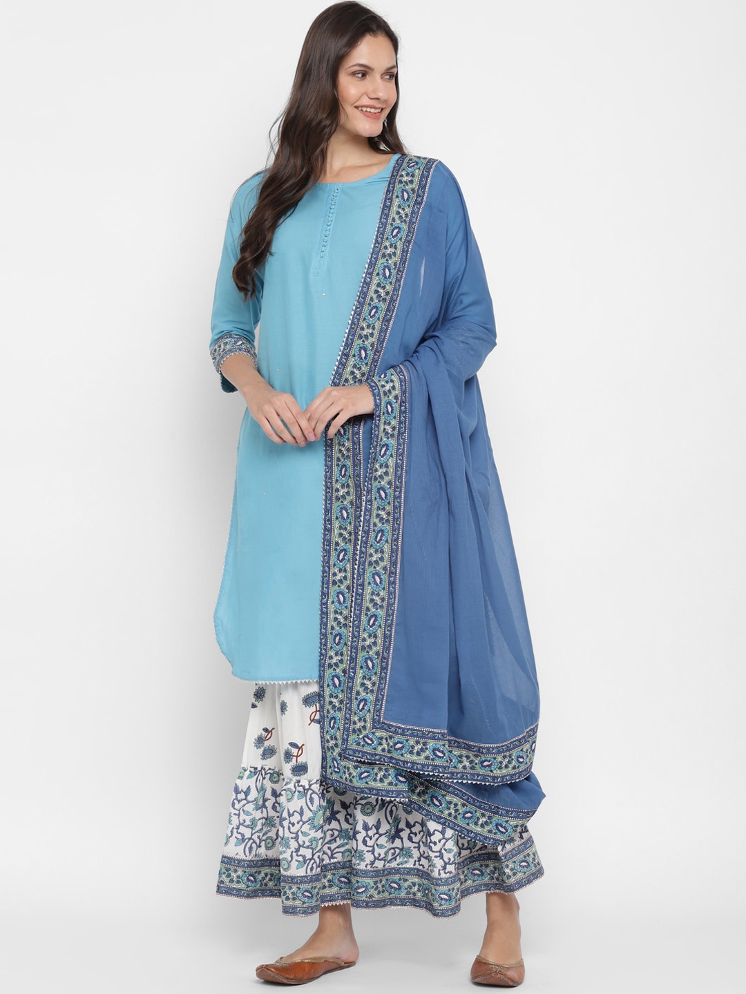 

Vbuyz Women Blue & White Regular Straight Kurta with Sharara & Dupatta