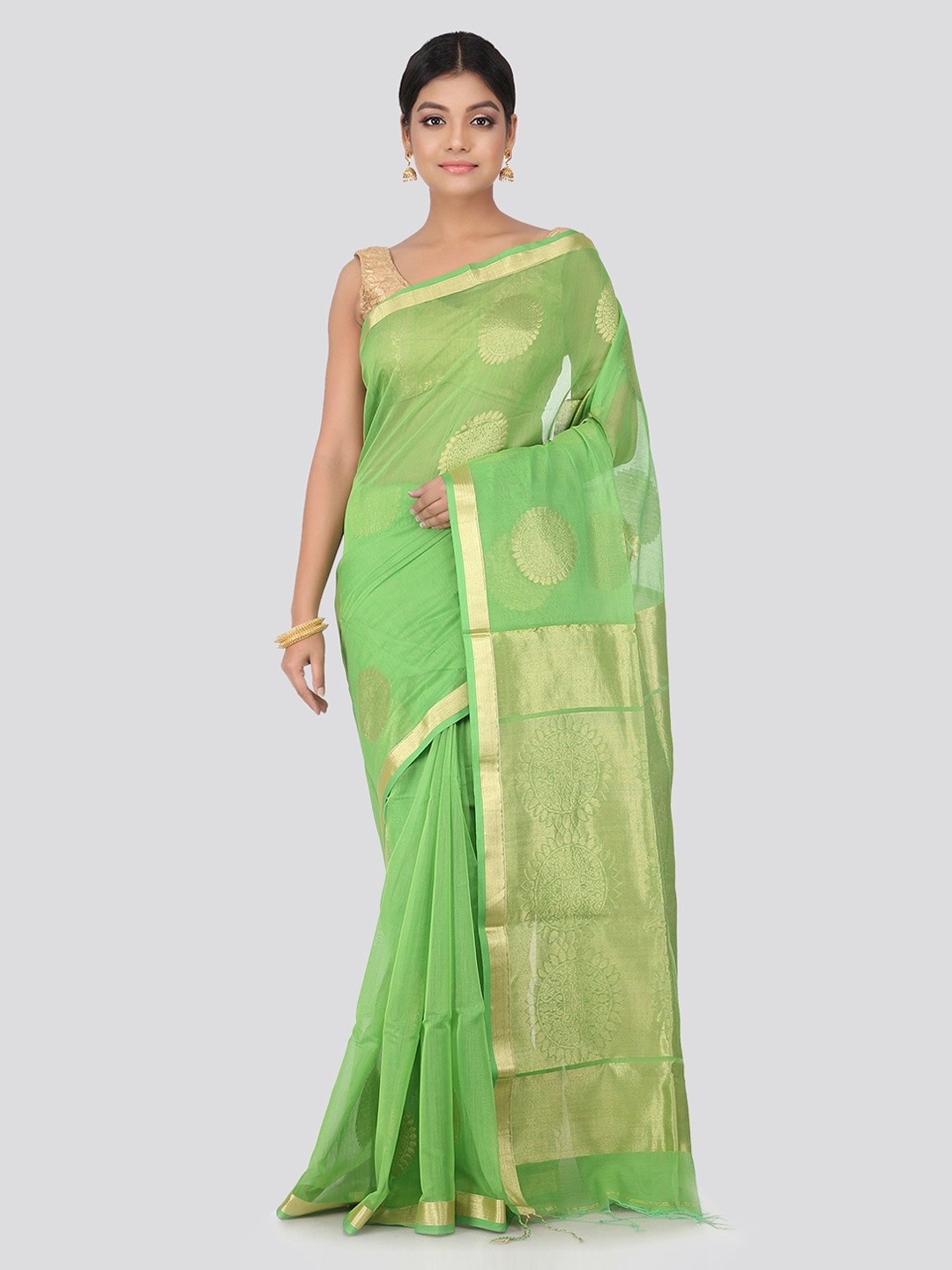 

PinkLoom Green Cotton Silk Woven Design Handloom Sustainable Saree